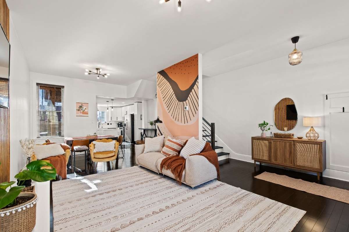 Modern cozy boho living room of Luxury on Lemon Airbnb in Lancaster, PA