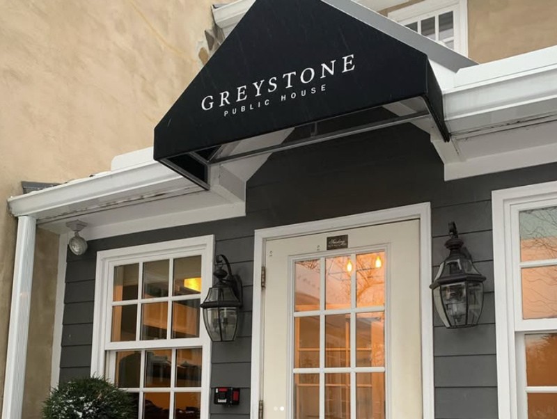 Entrance to Greystone Public House in Harrisburg, Pennsylvania, a popular restaurant for rehearsal dinners and private events.