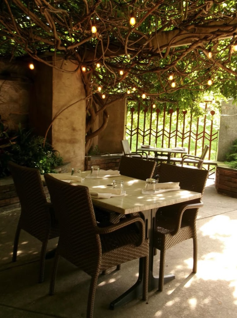 John J. Jeffries Outdoor Patio in Lancaster, PA Outdoor patio dining at John J. Jeffries in Lancaster, PA, with tables beneath a vine-covered pergola and hanging string lights.