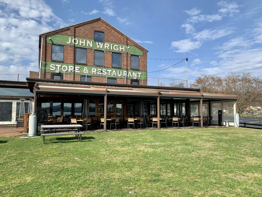 Exterior of John Wright Restaurant in Wrightsville, Pennsylvania, a historic waterfront restaurant and popular rehearsal dinner venue near York.